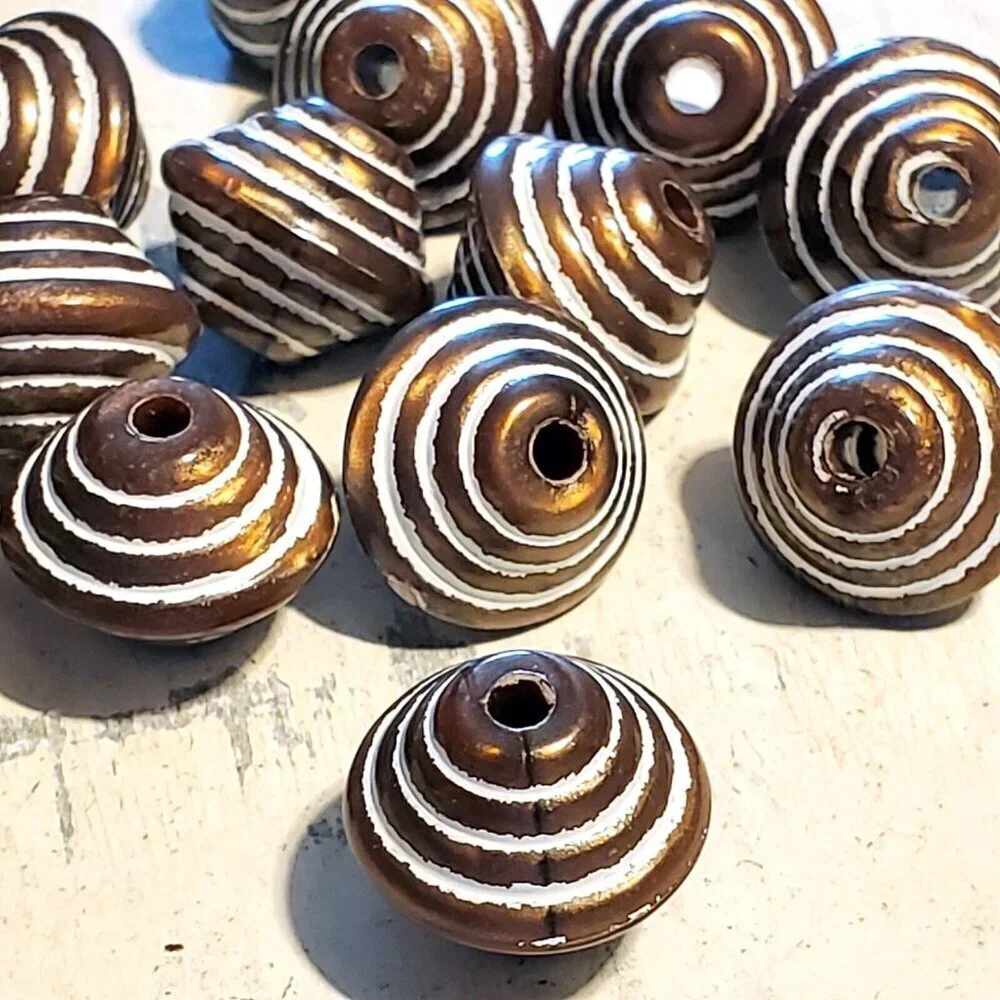 Vintage 80s Bronze White Striped New Wave 14X12 Bicone Acrylic Beads 10 pcs